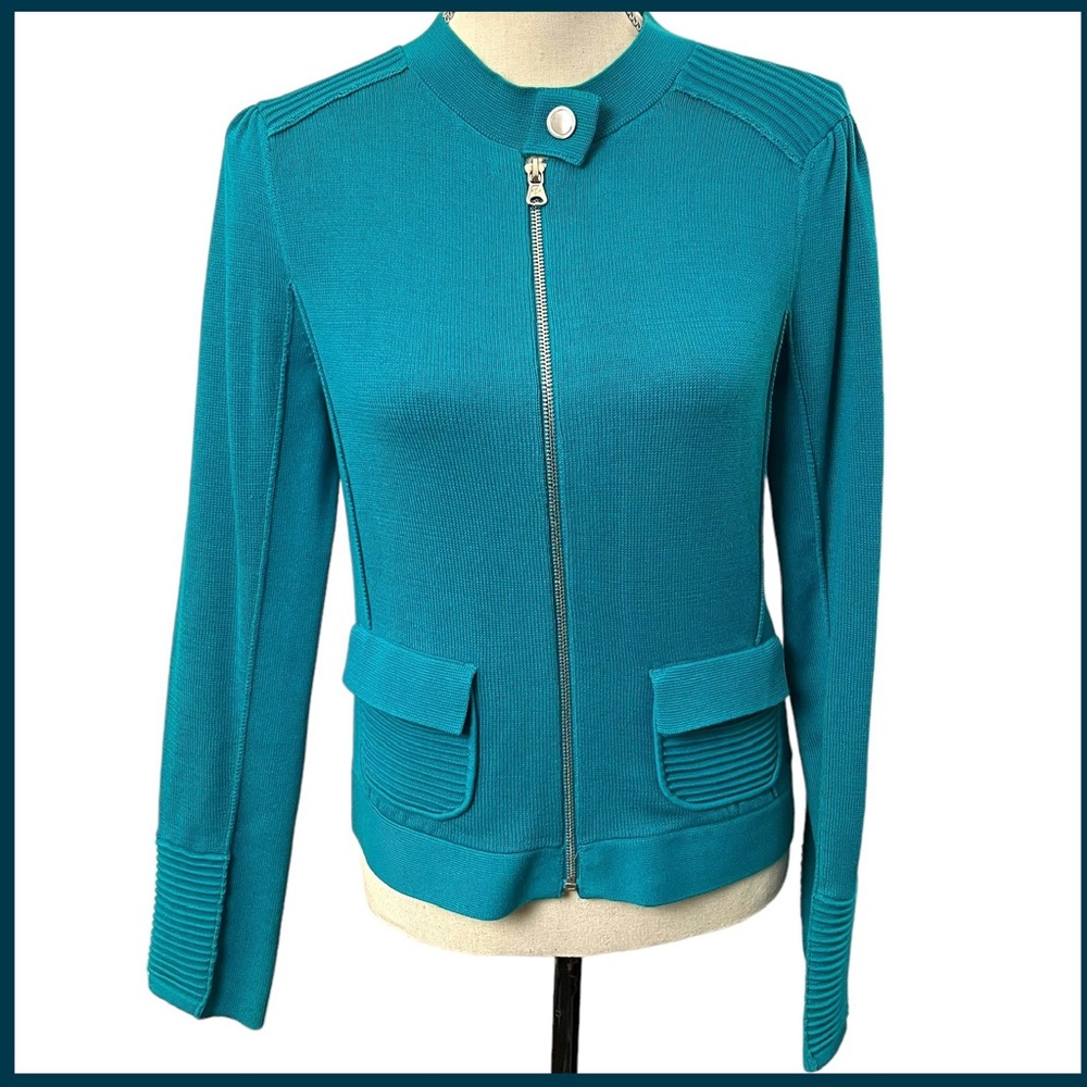 Nanette Lepore Teal Green Cotton Fine Knit Zip Front Cardigan (M) - Picture 4 of 16